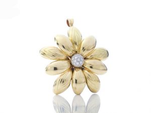 Vintage 1ct Diamond and 18ct Yellow Gold Flower Brooch Pendant