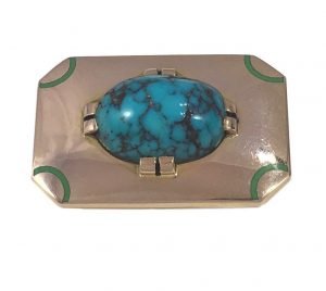 French Art Deco Turquoise Enamel Gold Brooch