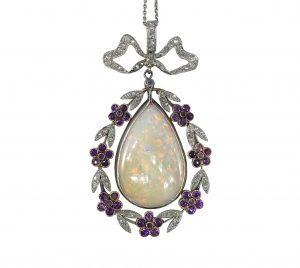 Belle Epoque 8ct Opal, Diamond and Amethyst Pendant