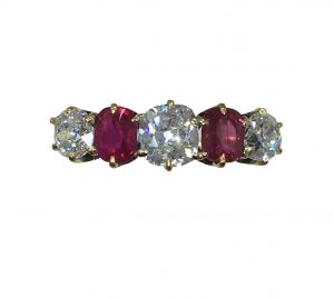 Antique Edwardian Burmese Ruby and Diamond Five Stone Ring