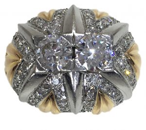 French Retro 2.55ct Diamond, Gold and Platinum Bombe Ring